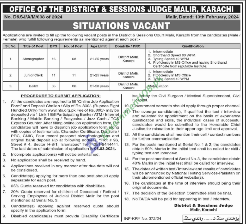 District And Sessions Judge Malir Jobs