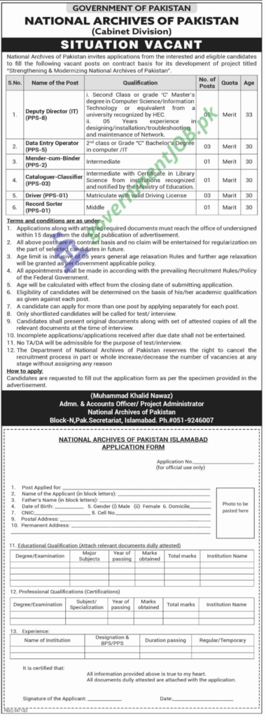 National Archive Of Pakistan Jobs 2024