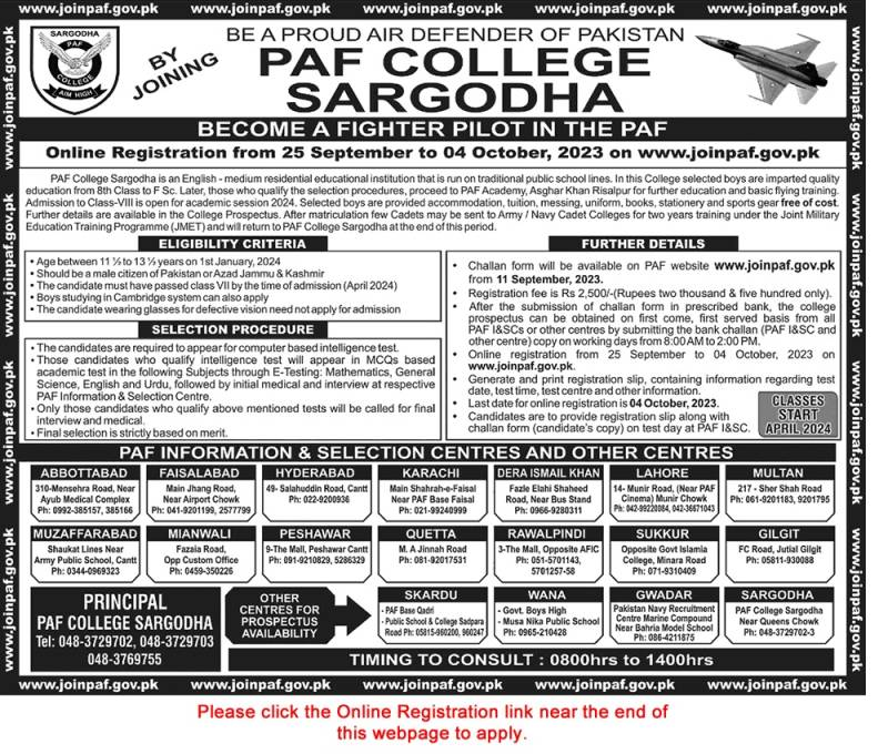 PAF Jobs In Sargodha College 2024