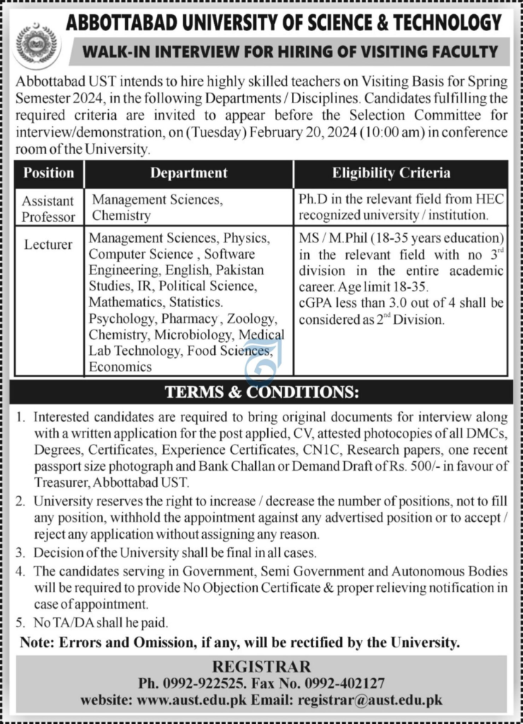 Abbottabad University Of Science Technology Jobs