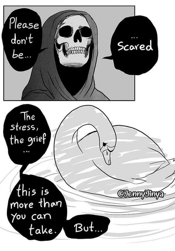 Death talking to swan